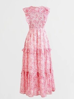 Banjanan Smocked Tiered Ruffle Midi Dress in Pink Meadow Floral Size Small